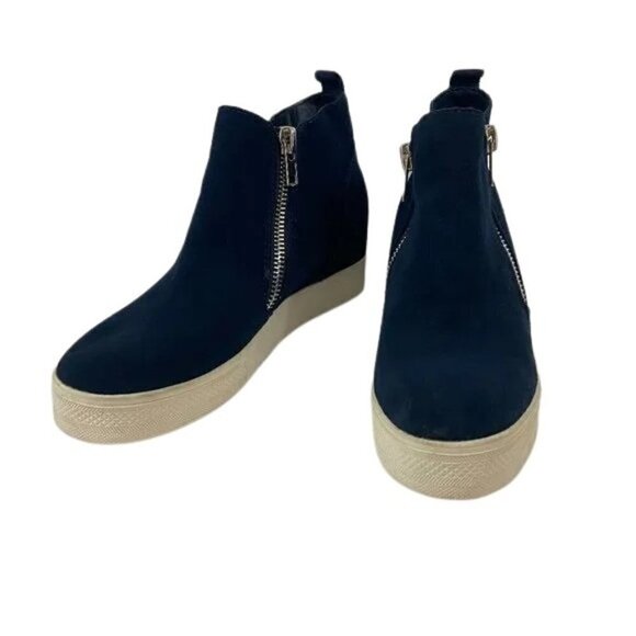Steve Madden Women's Leather Upper Hidden Wedge Zip Sneakers Shoes Sz 9.5M Blue - Picture 1 of 10